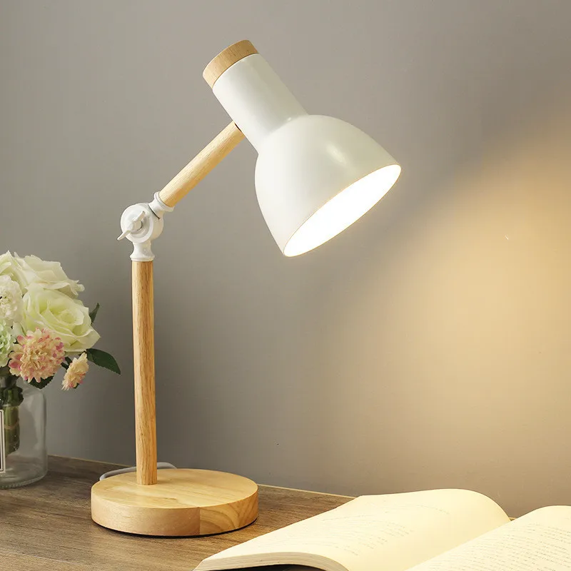 Study Table Lamp E27 Student Reading Desk Lamps 90° Foldable Eyes Protection Wooden Lamp Desktop Nordic Lamp with Switch Plug