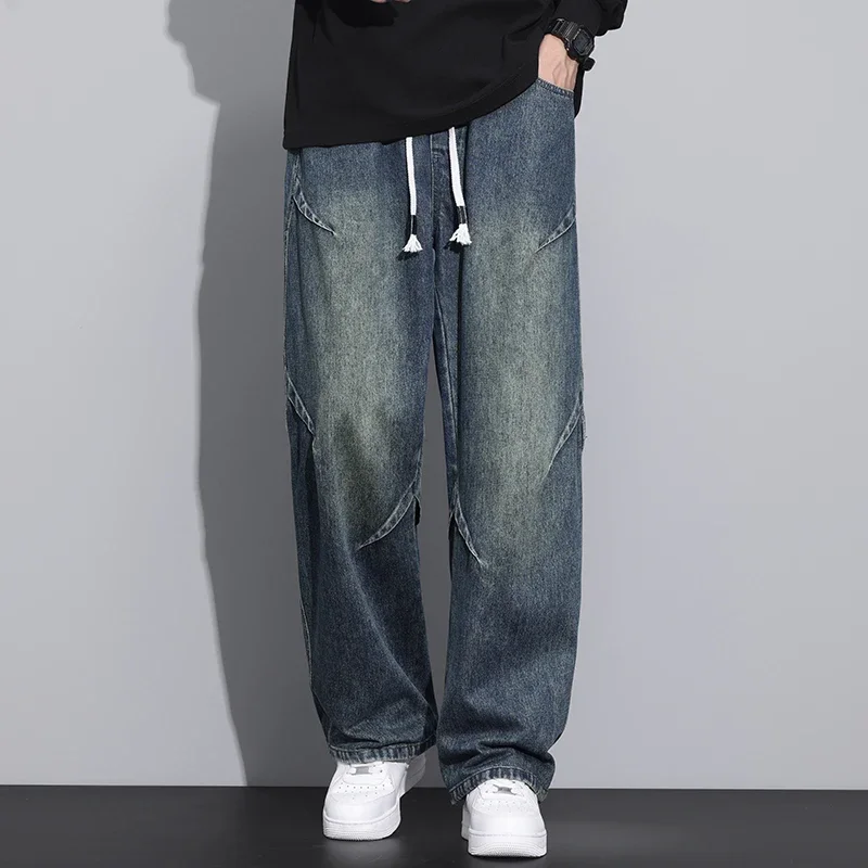 Wide Leg Drawstring Jeans Men Fashion Autumn Comfortable Loose Trousers Straight Classic Vintage Wide Denim Gradient Color Pants