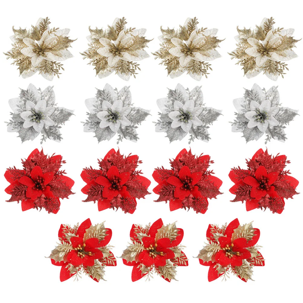 

24 Pcs Powdered Onion Christmas Flowers Vase Decors Artificial Flash Xmas Decorations Poinsettia Silk Cloth Fake