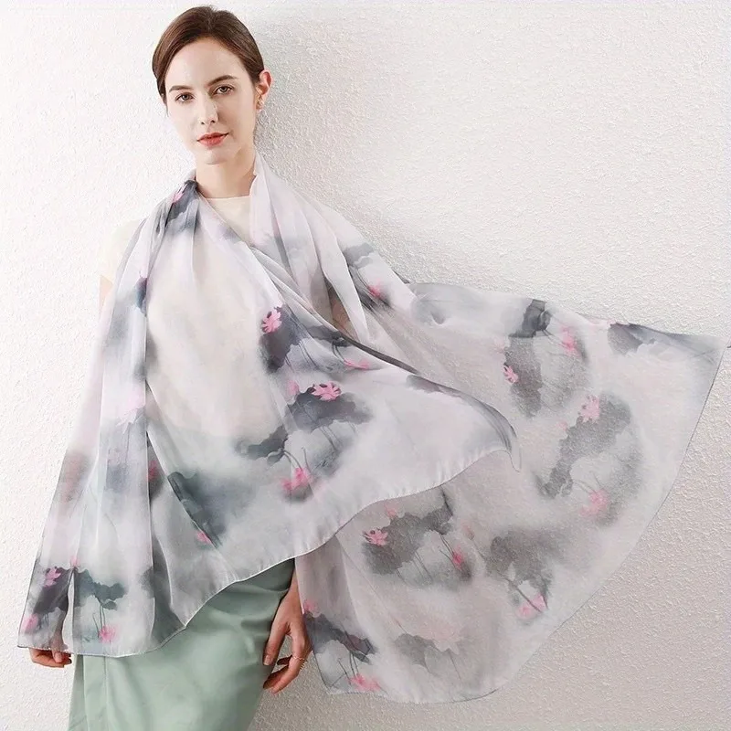 

Lightweight Large 100% Mulberry Silk Chiffon Scarf for Women Oblong Shawl Neck Scarf Beach Wrap Headscarf Gift Pack Gray Floral