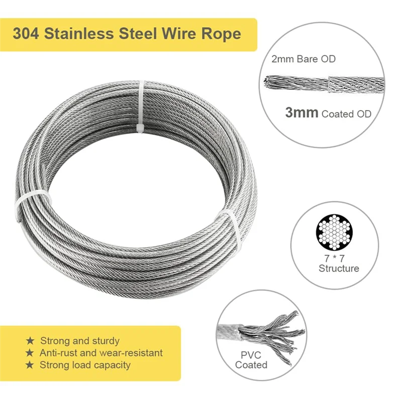 Kit in acciaio inossidabile da 20 m, lo smistamento da 3 mm aiuta a stringere l'usura della corda con morsetto per corda in acciaio inossidabile M5 R facile da sostituire