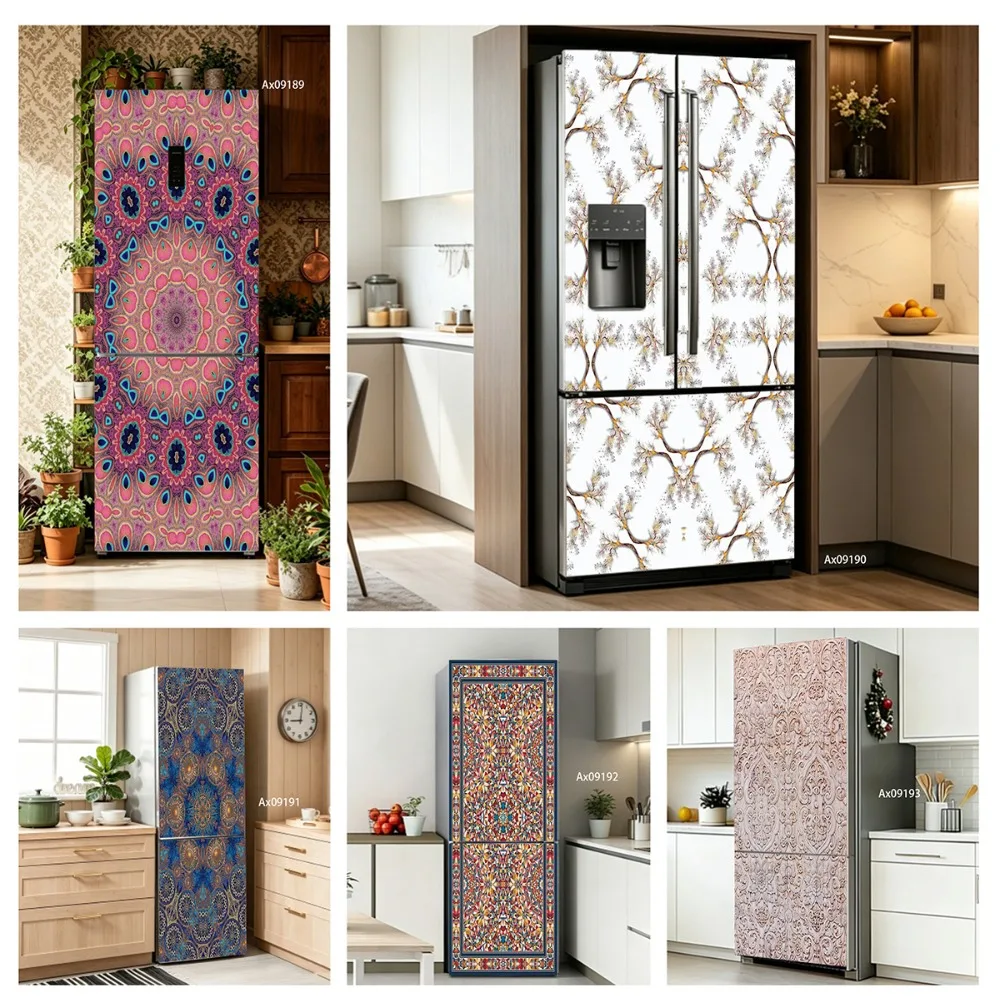 Boho Mandala Persian Rug Pattern Fridge Door Sticker Full Door Covered Wallpaper Self-adhesive Wall Decals Home Decoration