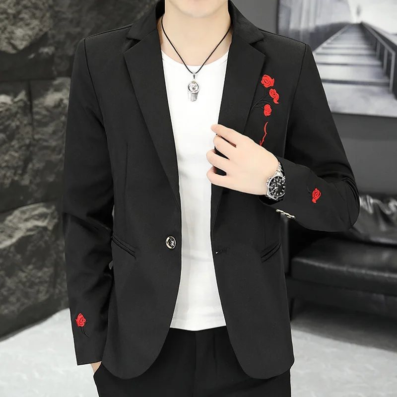 Rose Embroidery Men Floral Casual Blazer Single Button Spring Autumn Korean Style Mens Suit Jacket Black / White