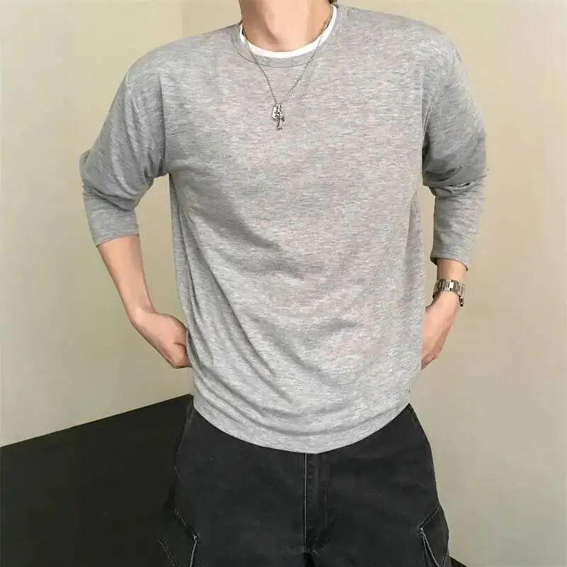 Long Sleeve Men's T Shirt Korean Style Loose Clean Fit Round Collar Pullover Top Relaxed Outfit Fashion Grey Tee VLKK