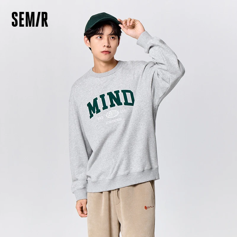 Semir Sweatshirt Men Winter Retro College Style Letter Embroidery Fleece Loose Dropped Shoulder Round Neck Fashion Trendy Top