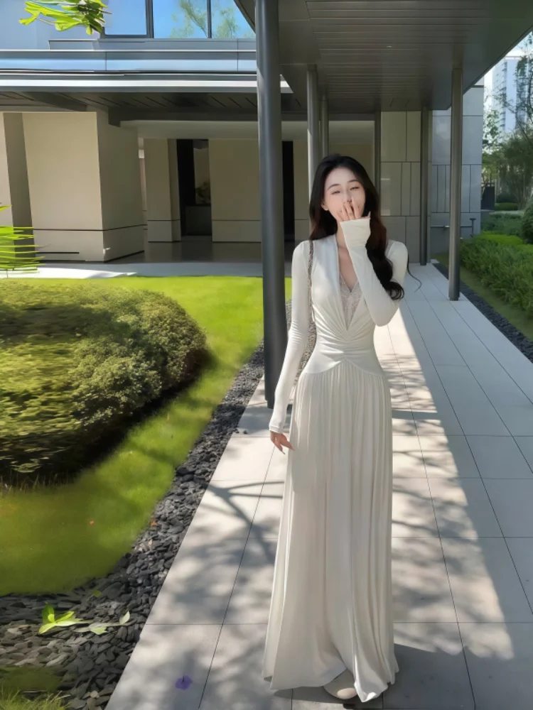 

2026 New Spring Autumn White Lace Long Dress Women Pure Aesthetic Deep V Neck Elegant Party Banquet Dating Evening Dresses