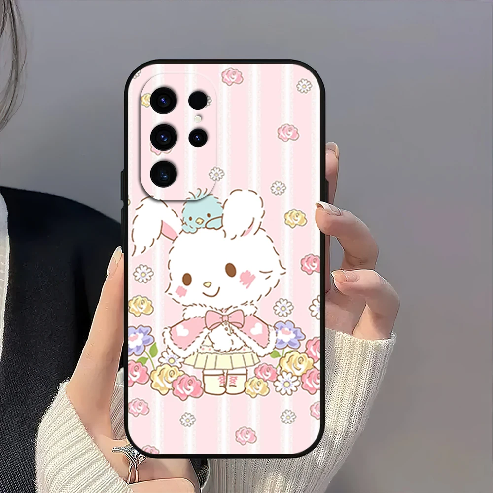 MINISO W-Wish Me Mell Cute Rabbit Pink Phone Case For Samsung Galaxy A54 A71 A72 A73 S22 S23 Ultra Black Soft Silicone Cover