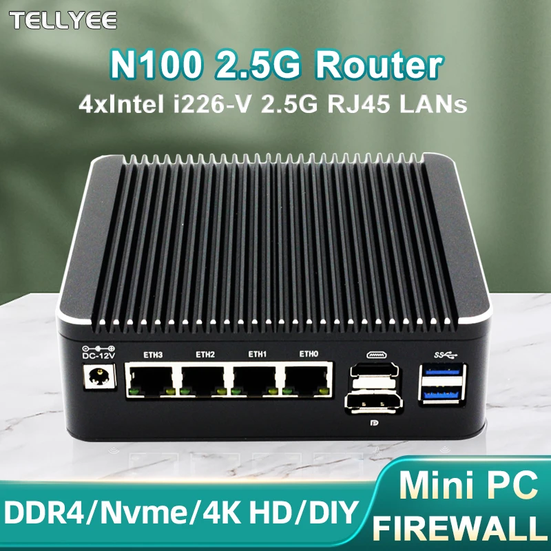 Enrutador suave Intel N100 de 12.a generación 4x i226-V 2.5G LAN 1 * COM RJ45 Mini PC sin ventilador Firewall Computadora HD DP USB3.0 Tipo-C pfSense PVE ESXi