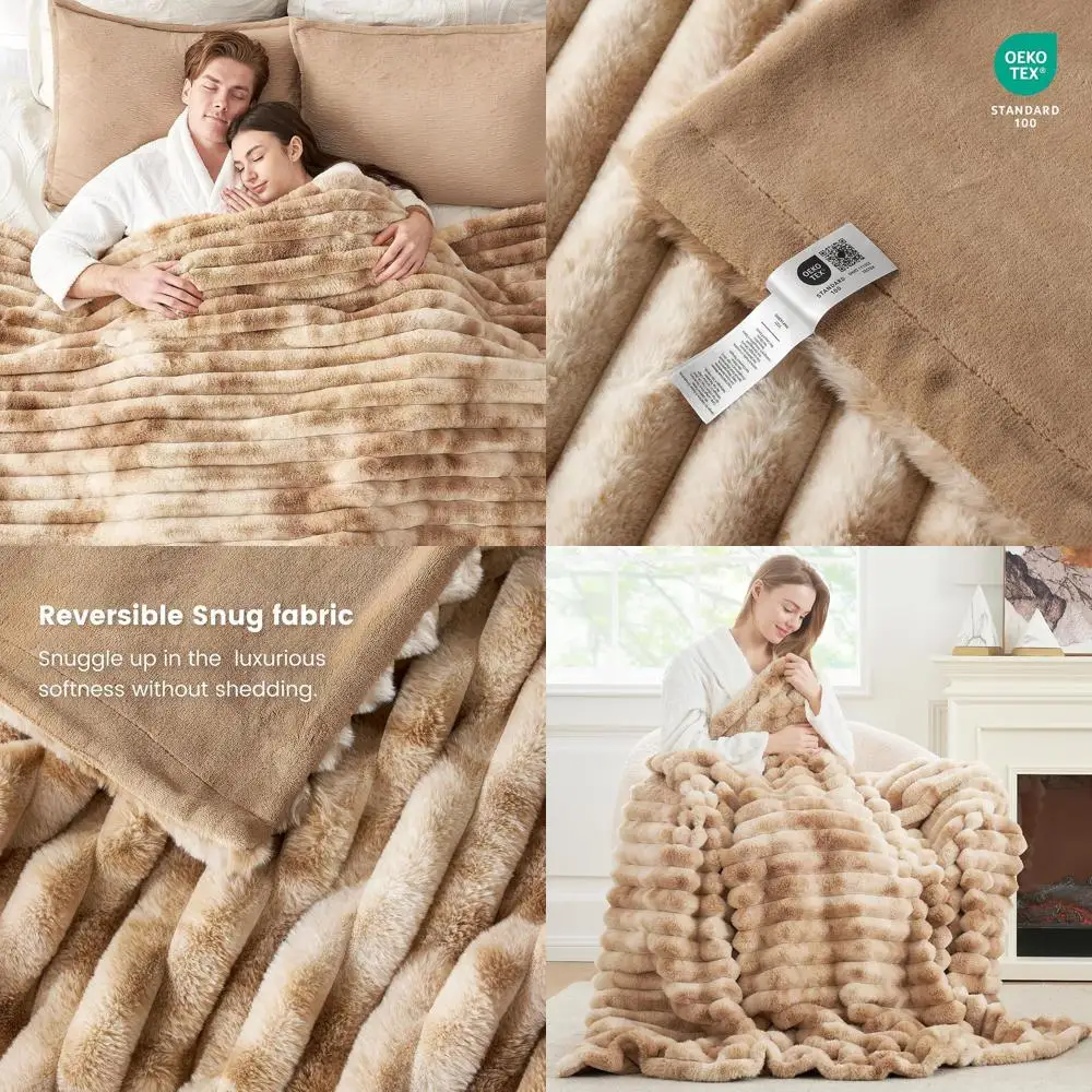 

Cozy Striped Tie-Dye Khaki Faux Fur Throw Blanket, 50x60 Inches, Perfect for Sofa, Bedroom, Living Room