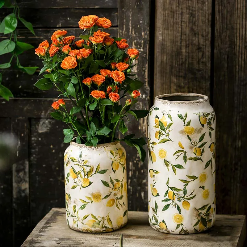 Retro Ceramic Large Vase Lemon Texture Ice Cracked Old Decorative Vase Hydroponic Flower Arrangement Supplies for Home Garden