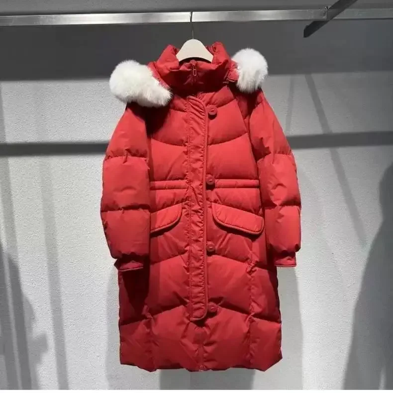 

Winter Fashion New Women's Down Jacket Commuting Slim Fit Fox Fur Collar Hooded White Duck Down Jacket