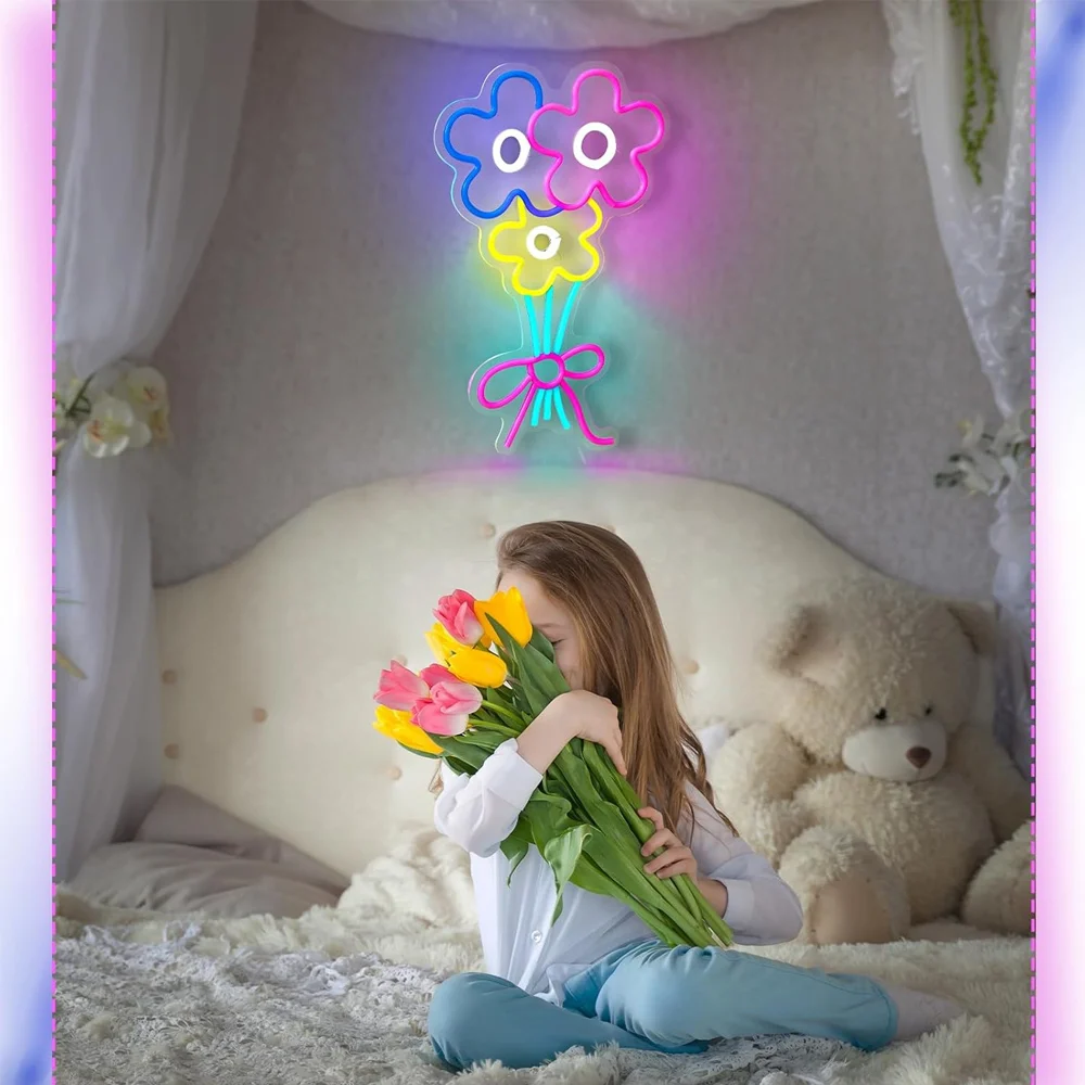 Flower Neon LED Sign Flower Neon Light Cute Flower USB Powered Neon Light Colorful Aesthetic 3D Wall Art Signs for Home Bedroom