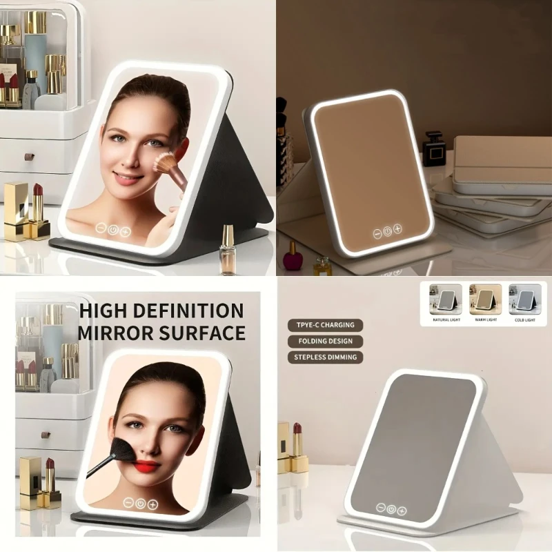 Espelho de maquiagem LED portátil HOTU com controle de toque, 3 luzes reguláveis, recarregável, design dobrável para viagens, casa, banheiro,