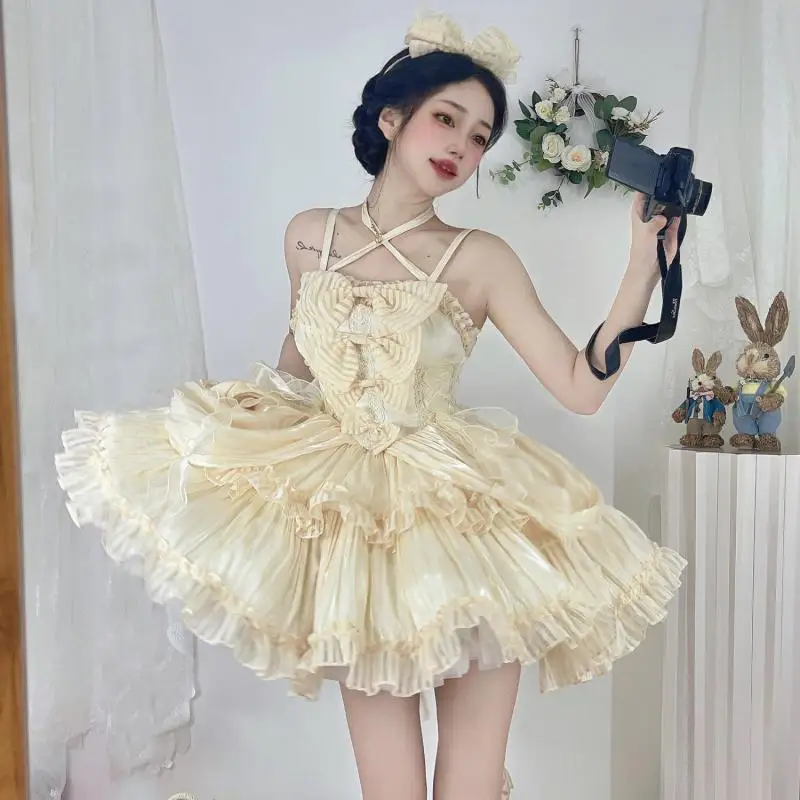 Japanische süße lolita jsk anzug kleid gotische frauen spitze bogen rüschen tee party ärmellose kleider sommer mädchen kawaii y2k punk