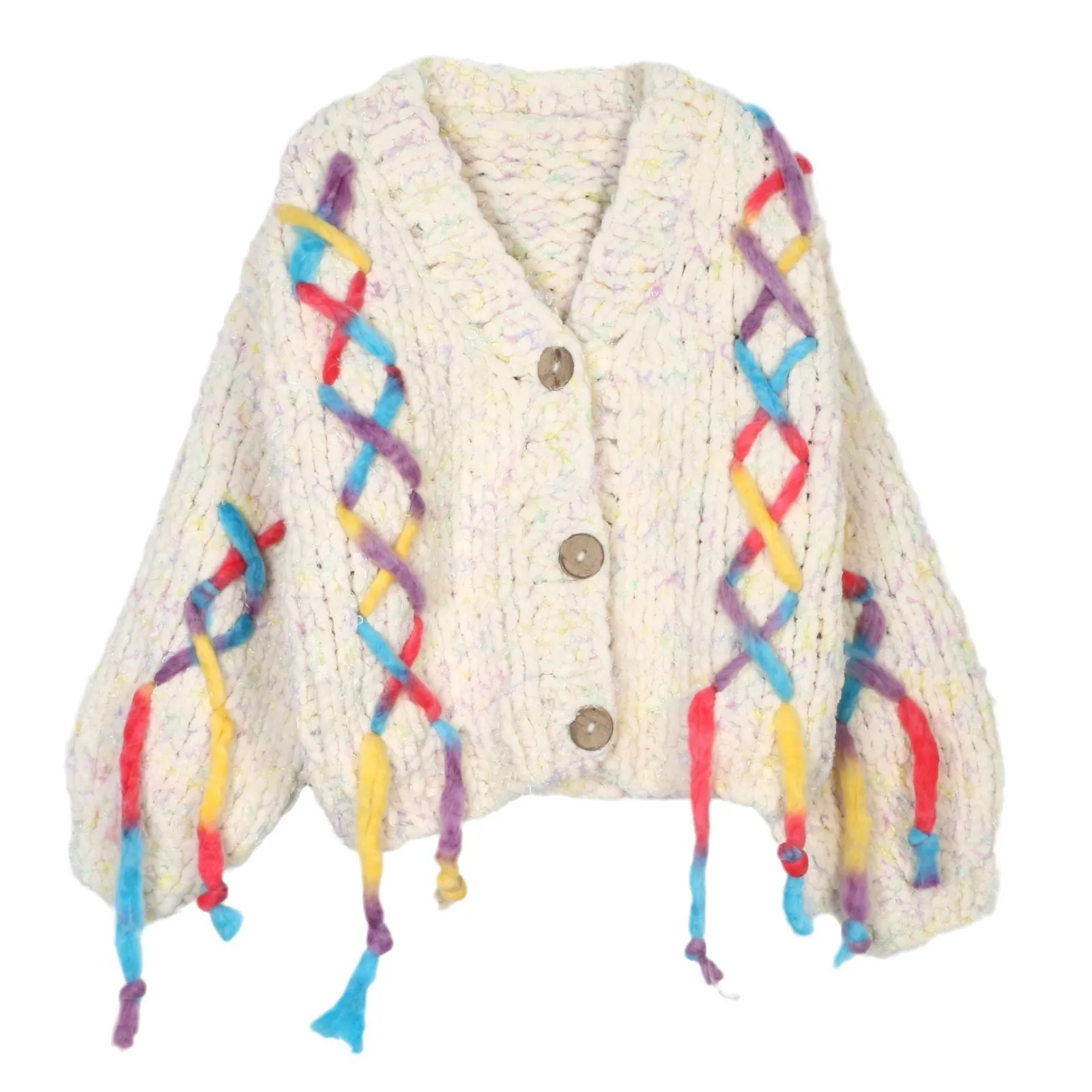 

Colorful Hand-crocheted Sweater Coat Women's Loose Vacation Bohemian Autumn And Winter Warm Thick Knitted Sweater Cardigan