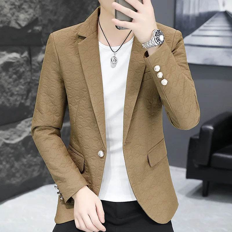 

New Men Gentleman Business Work Solid Color Teen Fashion Wedding Blazer Handsome British Casual Korean Version of The Trend Suit