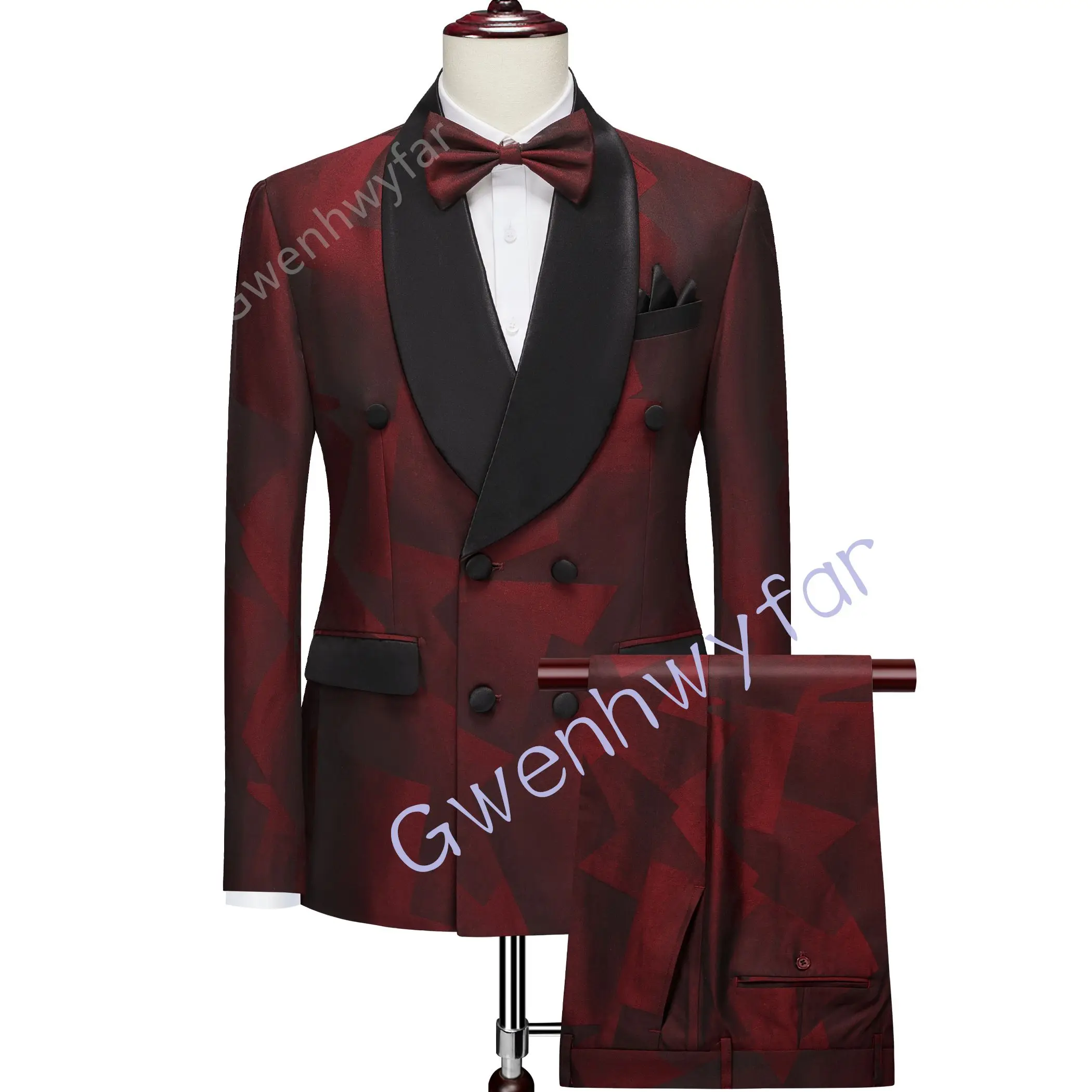 

Gwenhwyfar Groom Wedding 2-Pieces Wine Red Pattern Double-breasted Suit Party Business Tuxedo Handsome Suit Jacket Costume Homme