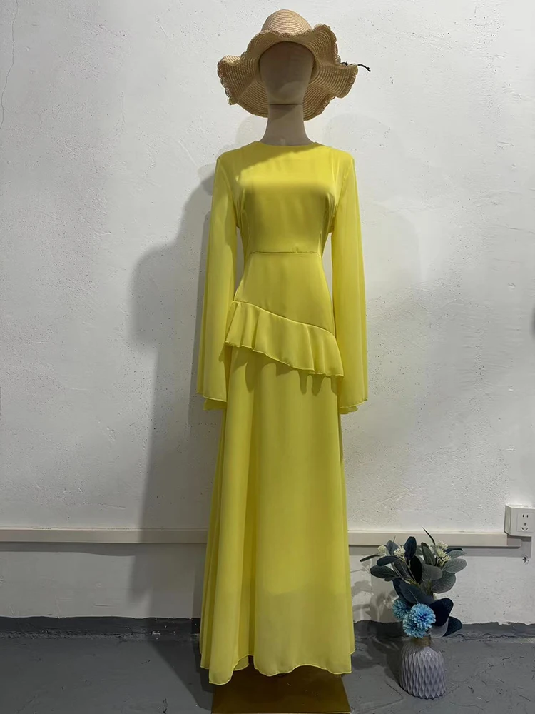 Elegant Flounce Yellow Big Swing Dresses Spring Women Long Sleeves O Neck  Slim Dress Autumn High Waist A-line Ankle Length Dress - AliExpress  200000345