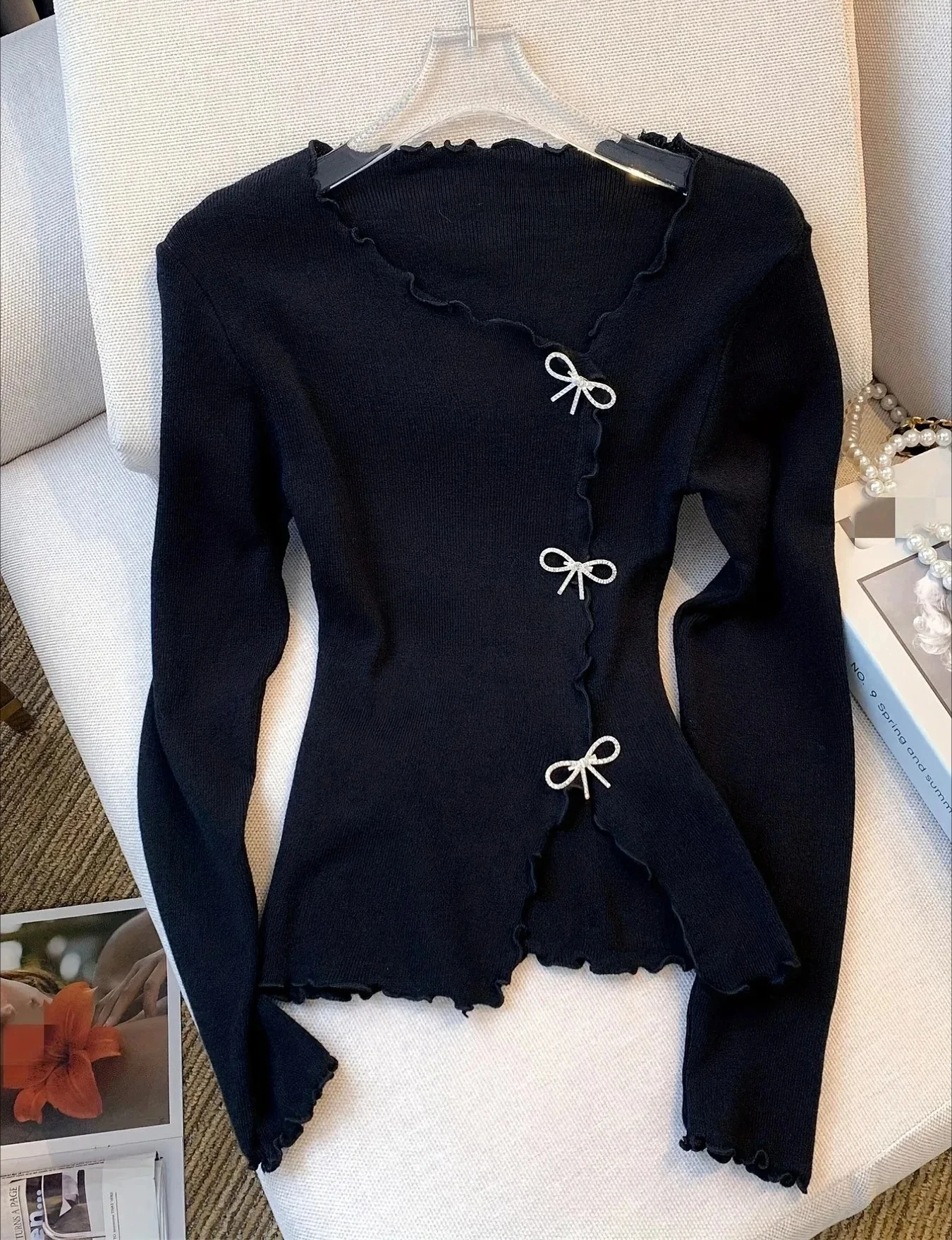 

Black/White Solid Lettuce Trim Bowknot Pullover Sweater Casual Long Sleeve Sweater For Spring Fall Women's Clothing