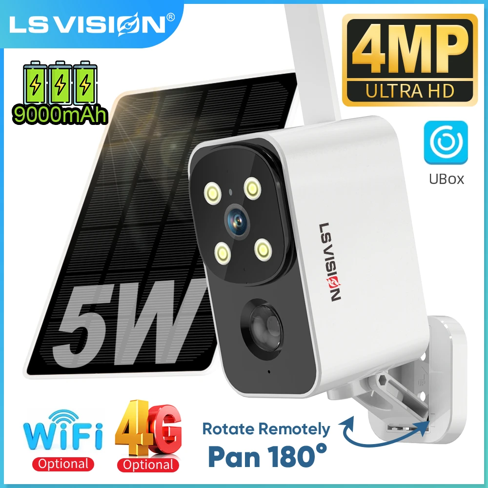 

LS VISION 4MP 4G/ WiFi Security Camera Rotatable PTZ Solar Battery Outdoor Surveillance Camera PIR Human Detection CCTV Cam UBOX