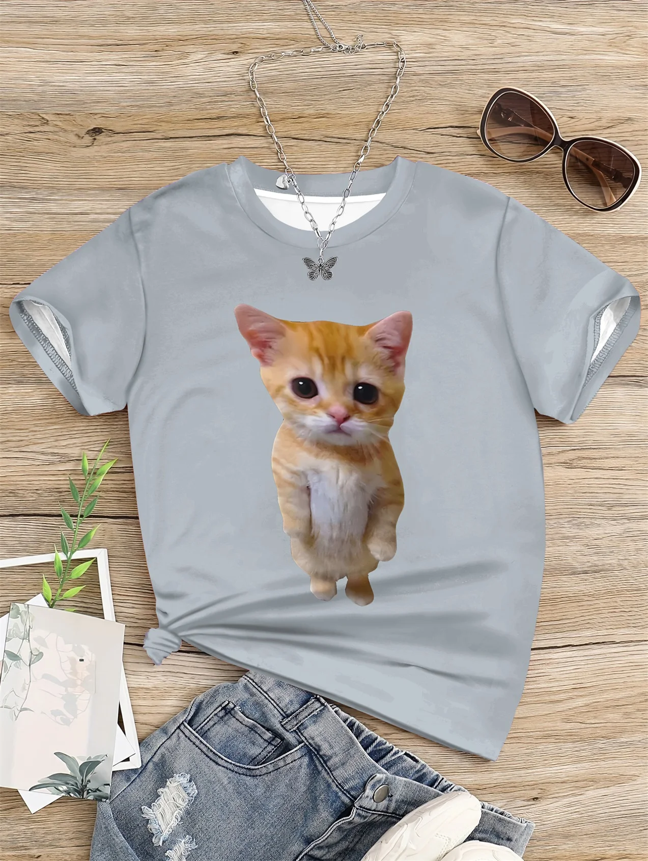 

5 To14 Years Girl Clothes Abstract Cat 3D Print Gray T-shirt Children's Clothing Kids Summer Short Sleeve Child Top T-shirts