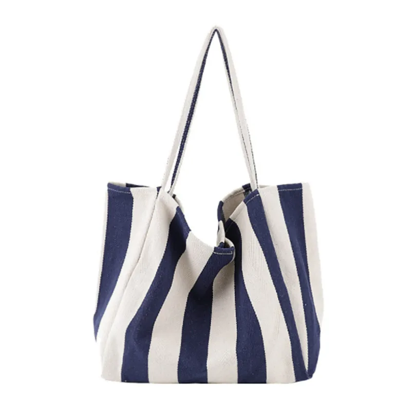 2022 Fashion Ladies Classic Striped Canvas Handbag Large Capacity Shoulder Bag for Female Simple Beach Casual Totes Shopping Bag