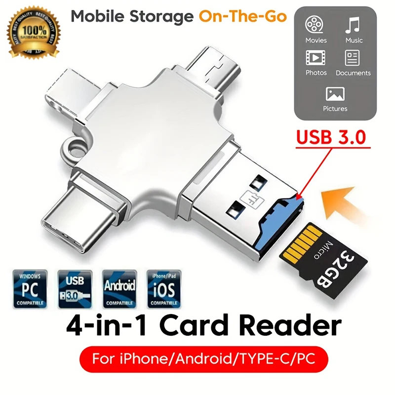 

4-в-1 USB 3.0 Card Reader Type-C Компьютер Универсальный USB-адаптер Высокоскоростной кард-ридер для ПК Телефонов Apple Android Ноутбук