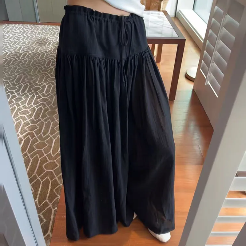 Design-inspired drawstring flower-pattern wide-leg pants with high waist and good drape for slimming effect, casual long pants