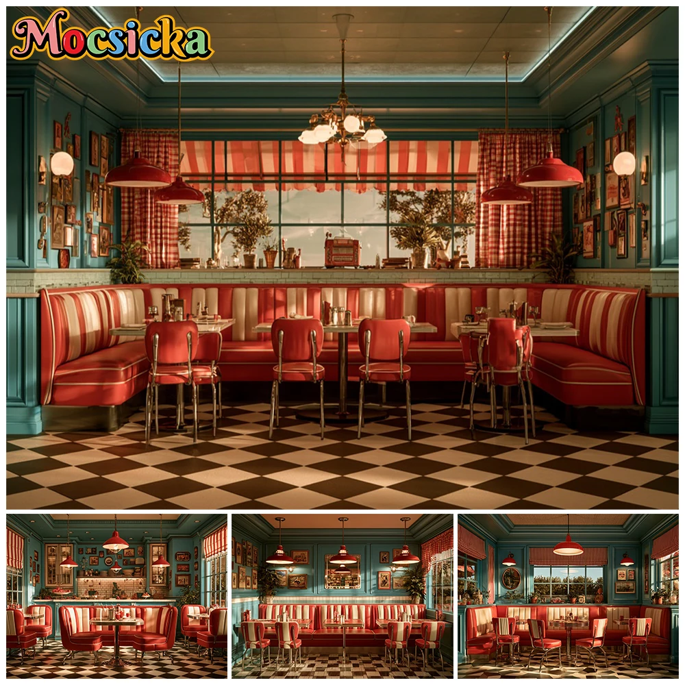 Mocsicka Diner Photo Background Christmas Retro American Restaurant Red Booth Checkered Floor Photo Booth Backdrop Studio Props
