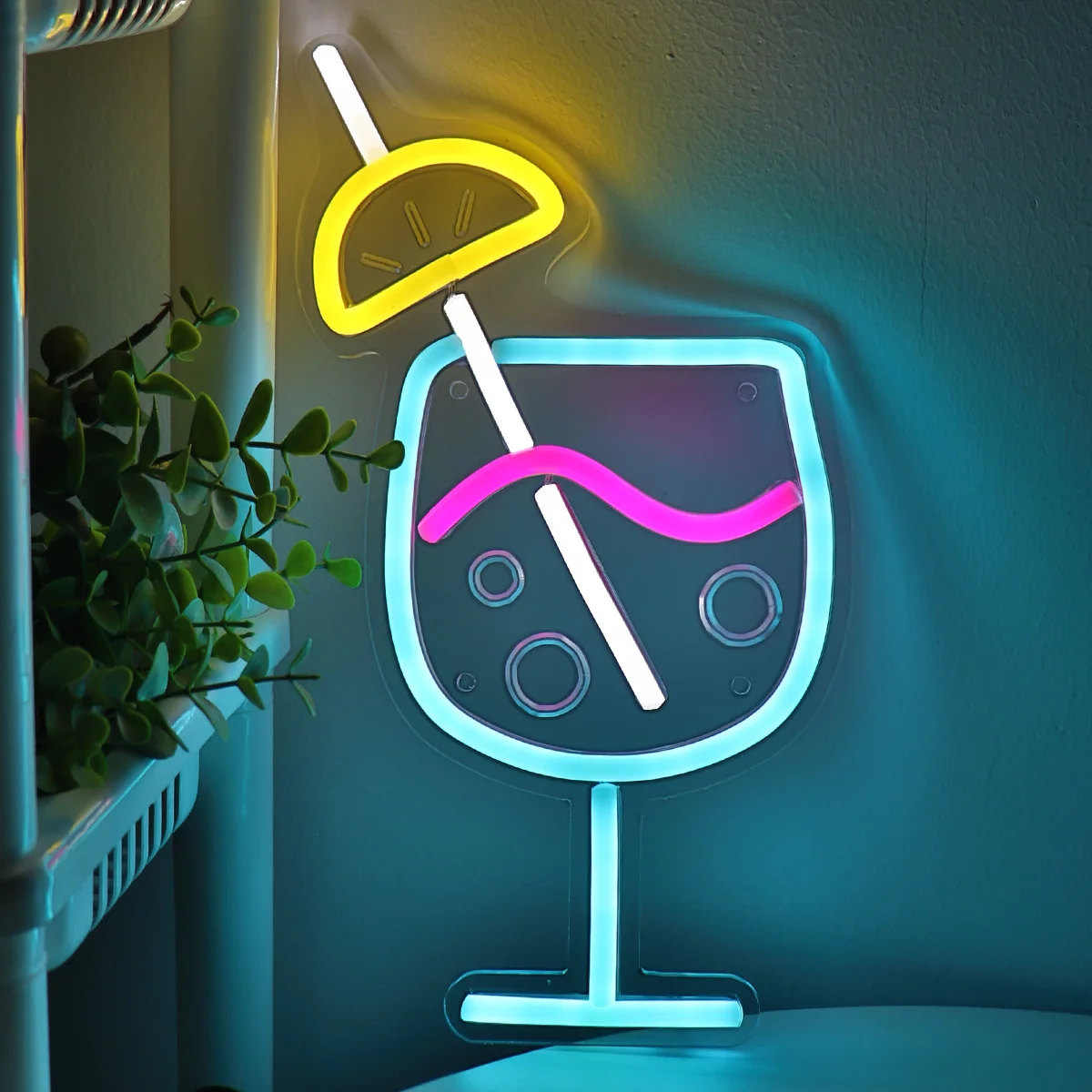 1PC Juice Cocktails Glass With Lemon Curving Bubbles LED Wall Neon Sign For Pub Club Party Event Decoration 6.38''*11.38''