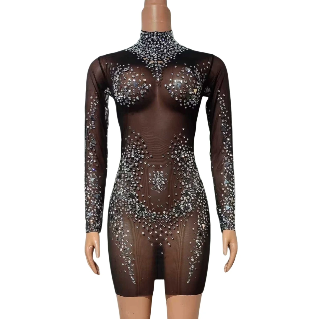 Black Rhinestone Mesh Sheer Short Mini Dress For Women Nightclub Evening Birthday Drag Queen Outfit Performance Stage Wear