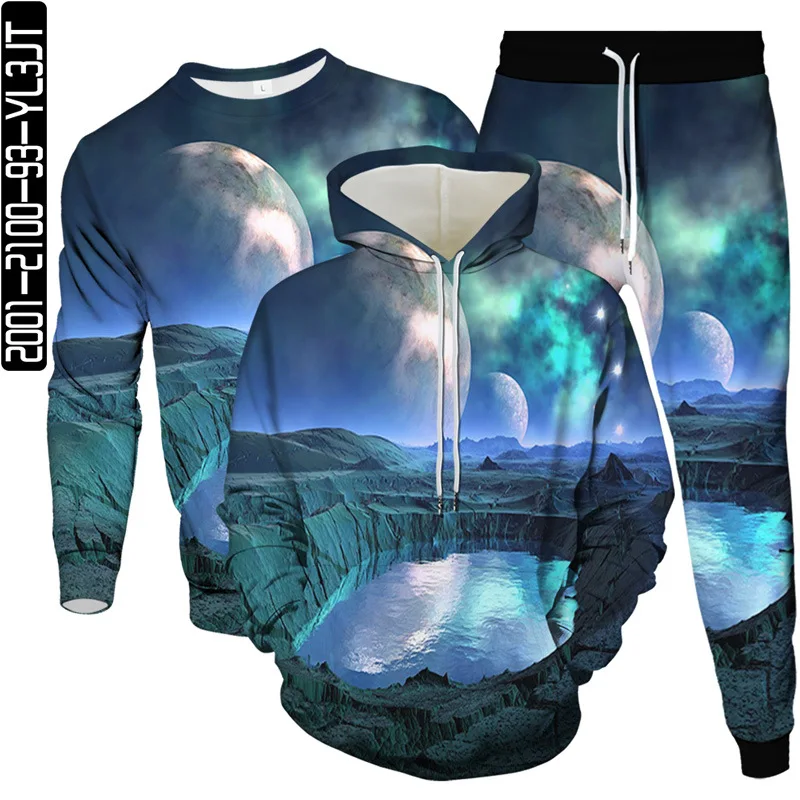 Natural Scenery Mountain River Galaxy Moon Print Men Fashion Clothing Suit Pant Hoodies Sweatshirt 3Pcs Set Size S-6XL Tracksuit