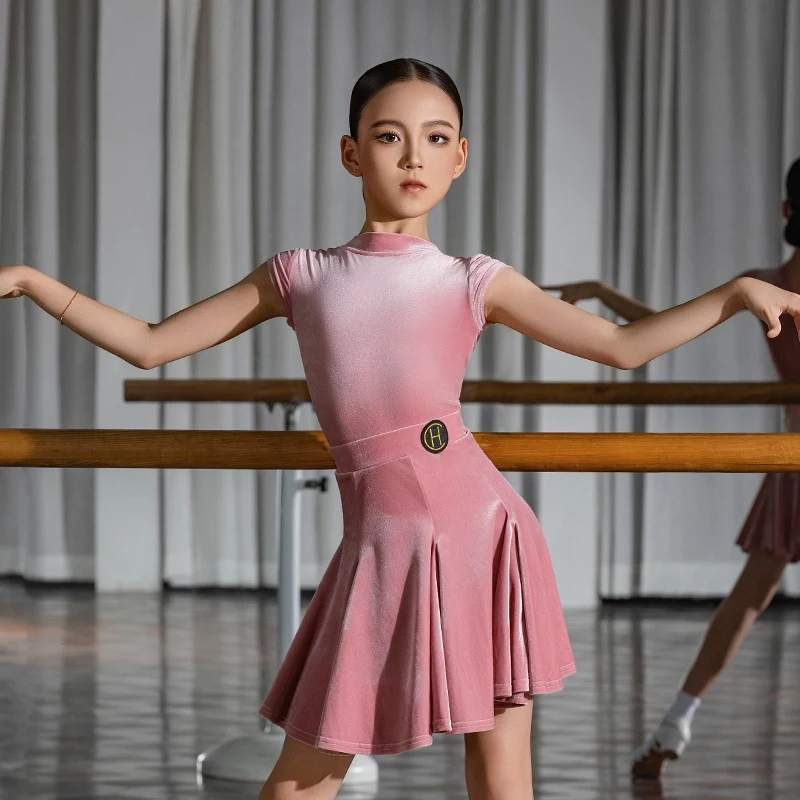 

Summer Girls Pink Latin Dance Costume Children Chacha Ballroom Dance Dresses Velvet Latin Dance Clothing Stage Wear DQS20014