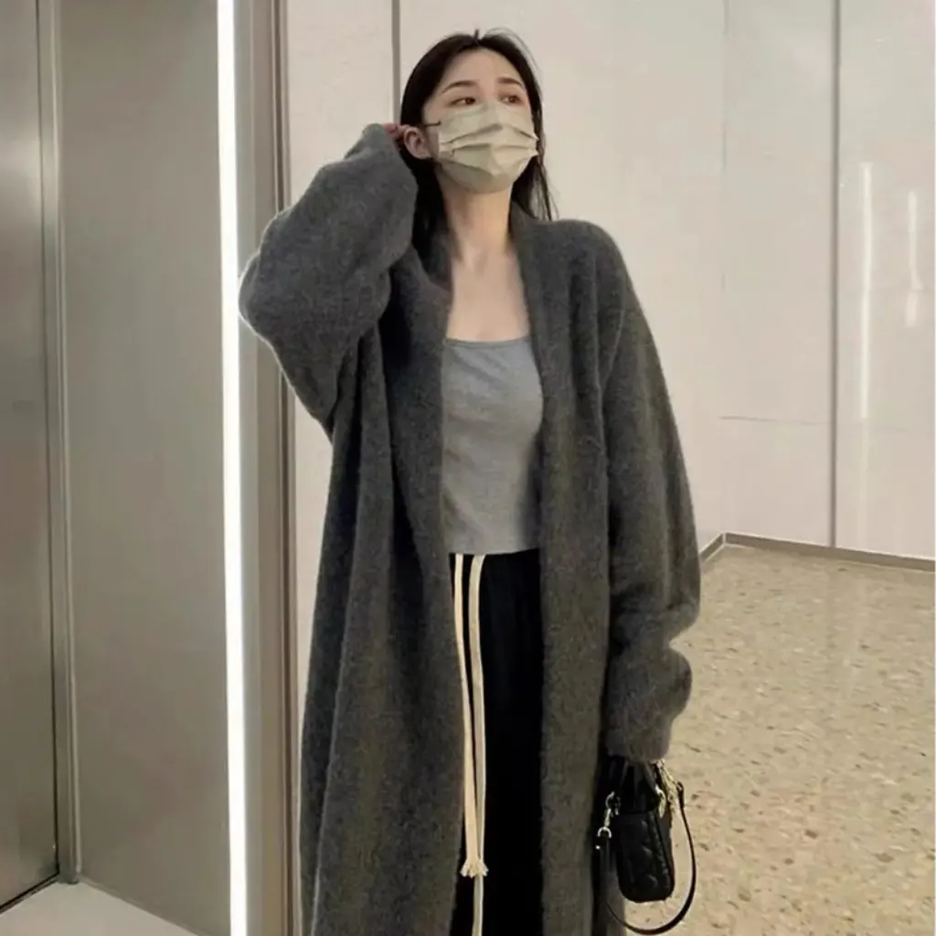 

Women's Retro Lazy Style Mid-Length Sweater Cardigan Trendy Knee-High Jacket for Autumn Winter Niche Design