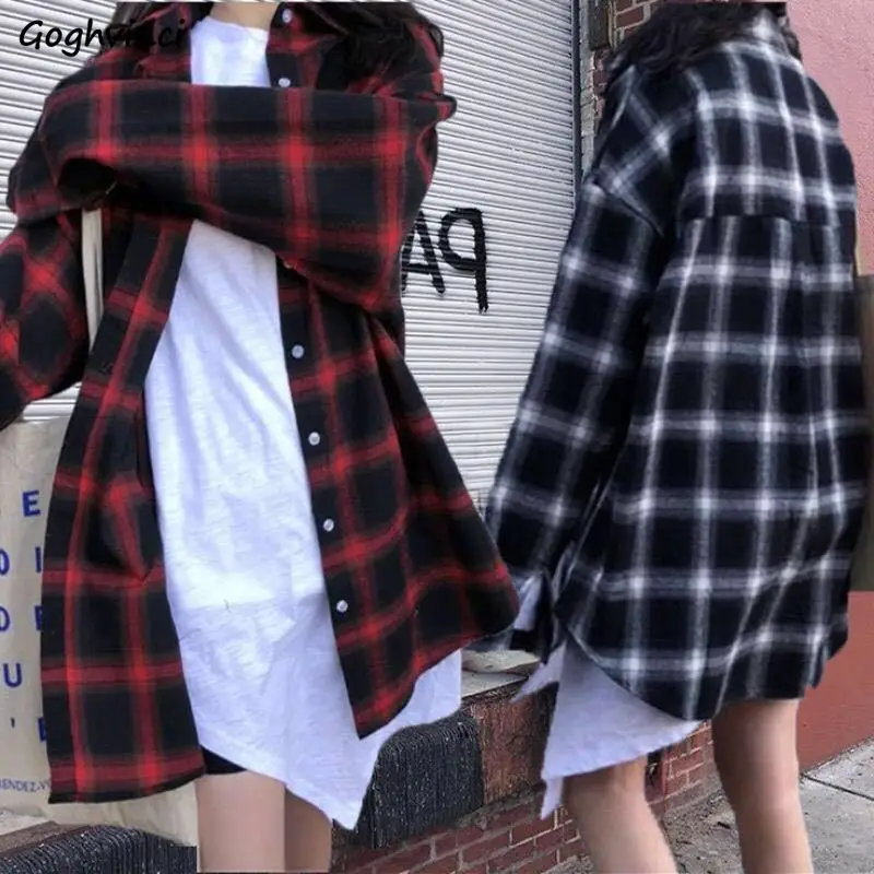 Plaid Shirts Women Loose Popular Chic Students Long Sleeve Outwear Retro Vintage Females Korean Style Harajuku Sun-proof Blouse