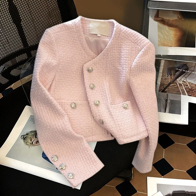 

Pink Xiaoxiangfeng Short Coat Women' Autumn New French Senior Celebrity Temperament Korean Tweed Top Commuting Beautiful Jackets