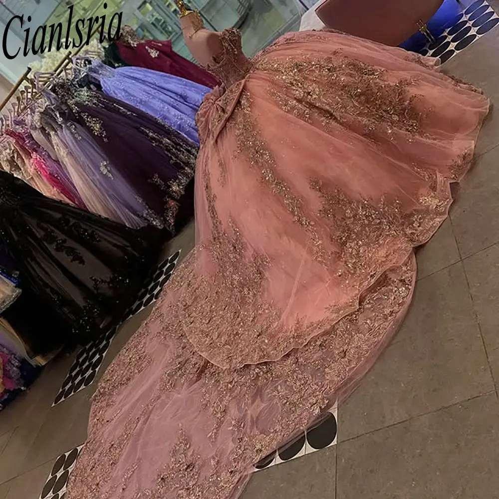 Roségold, schulterfrei, Schleife, Quinceanera-Kleider, Ballkleid, Goldapplikationen, Spitze, süßes 15. Oktober, mexikanisch, individuell gestaltet