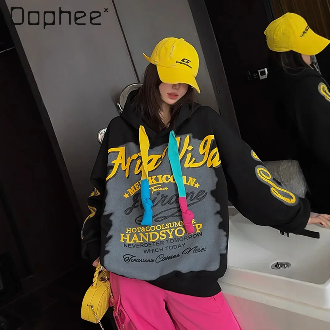 

European Goods Loose Letter Hooded Sweatshirts Women's Spring 2025 Mid Length Casual Hoodie Oversized Hoodie Korean