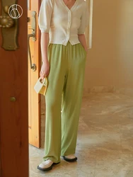 DUSHU High-waist Drape Women Pants Wide-leg Straight Full Elastic Waist Slim All-match Cozy Solid Color Ice Silk Female Trousers