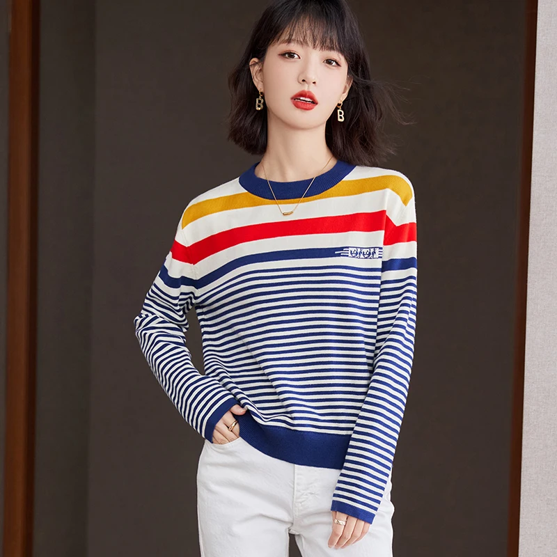 

Ladies New Fashion Stripes Pullover Sweater Women Clothing Girls Autumn Casual Knitwear Female Woman OL Sweaters PyD2007