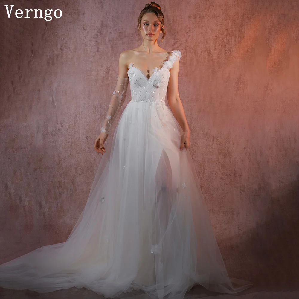 

Verngo Romantic Appliques Wedding Dress A Line Sweap Train Tulle Bride Dresses Women Classy Bridal Gowns Customized