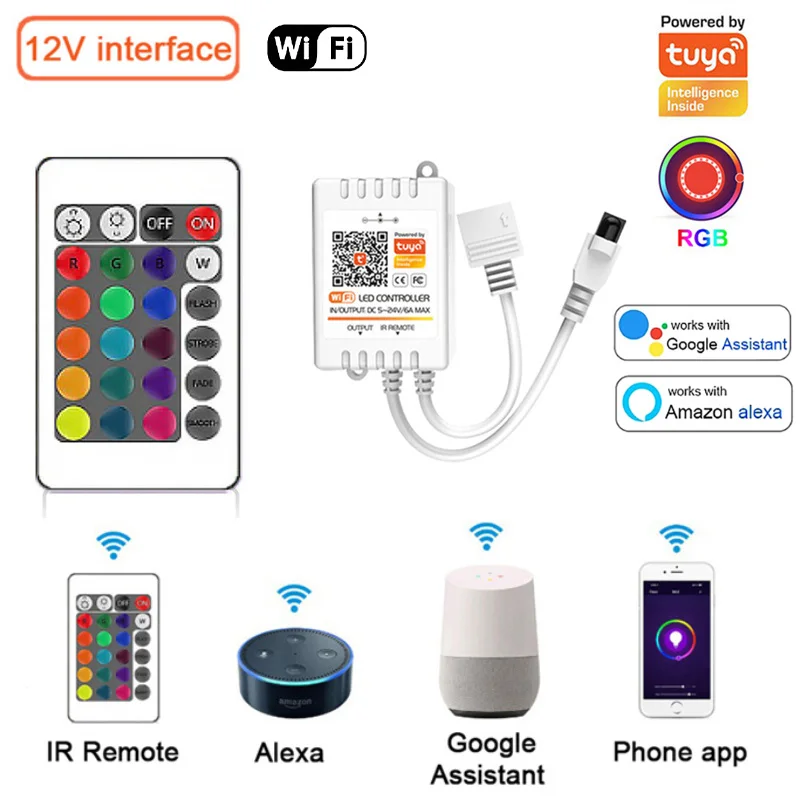 Tuya WiFi LED Controller 5V12V Voice Control For 5050 RGB led Strip Light Smart Life App Control Work with Alxea Google Assitant