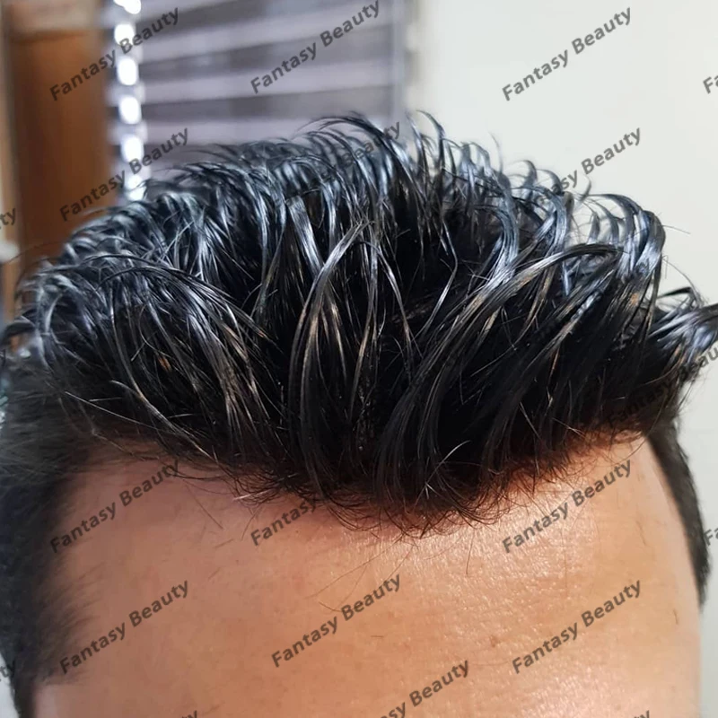 #1 Jet hitam Remy rambut manusia pria wig Super tahan lama rambut palsu pria prostesis kapiler penuh kulit PU dasar pria rambut palsu mudah dipakai