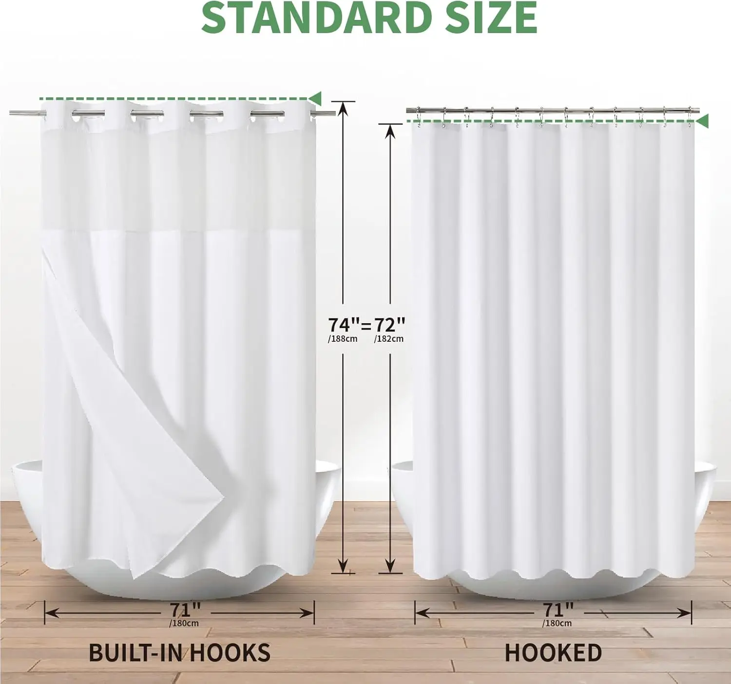 

White No Hook Shower Curtain with Snap-in Fabric Liner Set,Slub Textured Fab