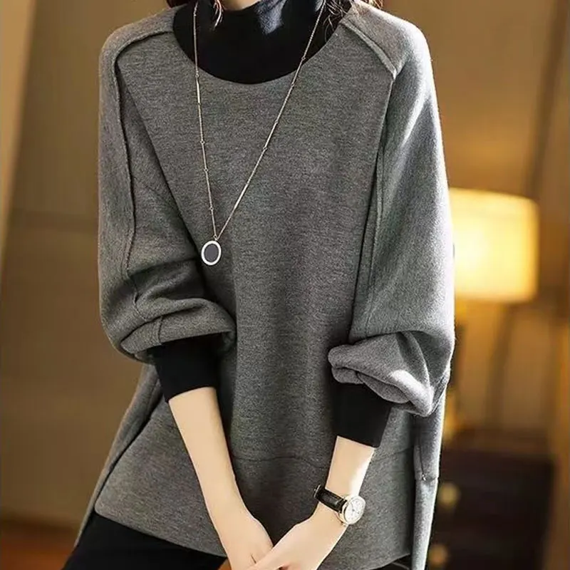 

Female Streetwear Loose Solid Color Stylish Asymmetrical Split Pullovers Spring Autumn Turtleneck Patchwork Korean Sweatshirts