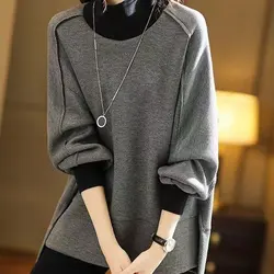 Female Streetwear Loose Solid Color Stylish Asymmetrical Split Pullovers Spring Autumn Turtleneck Patchwork Korean Sweatshirts