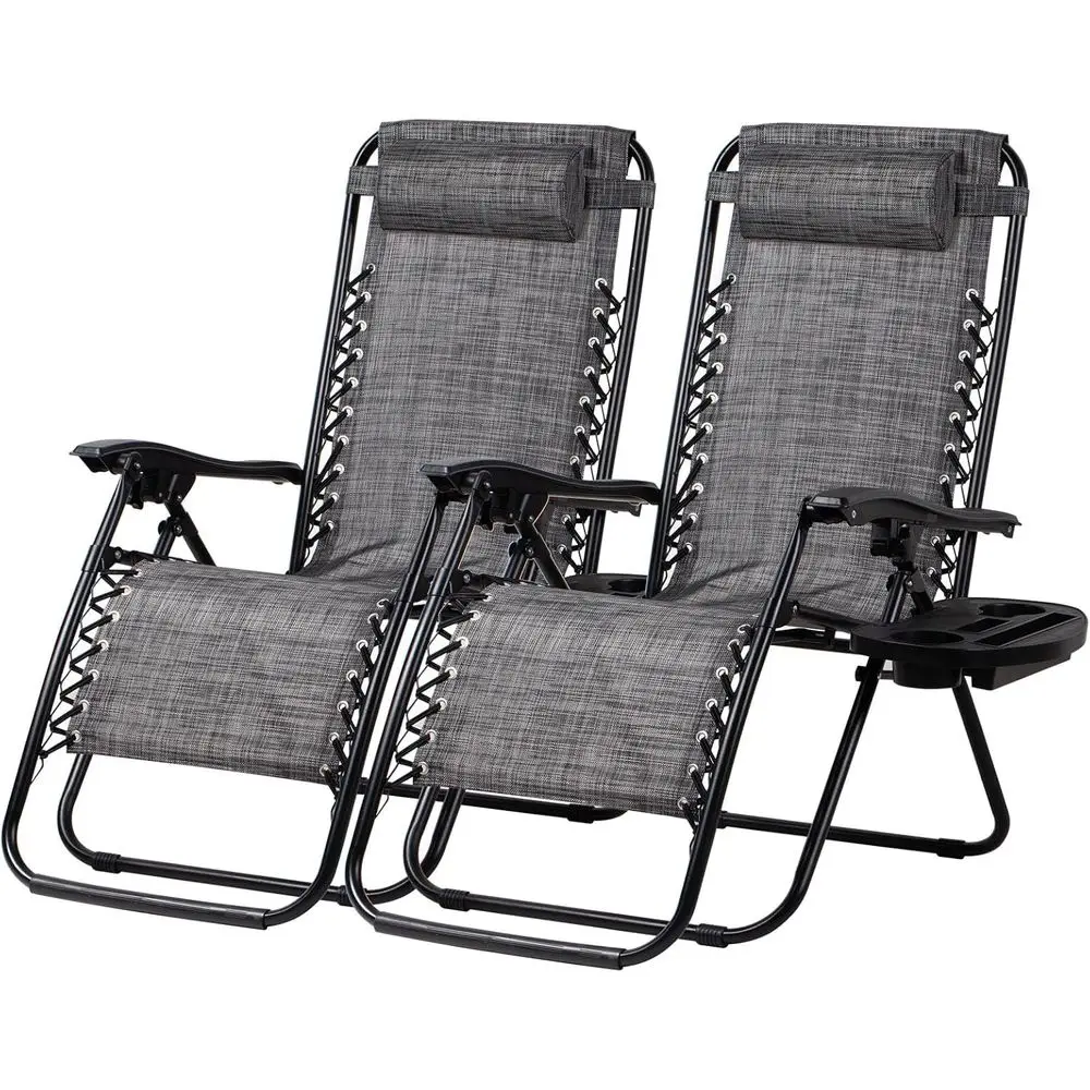 

Relaxing Recliners Patio Chairs: Adjustable Steel Mesh Zero Gravity Lounge Chairs with Pillow & Cup Holder (Grey)