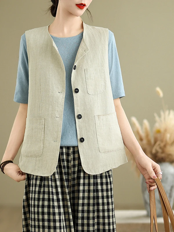 Printemps 2025 femmes Simple coton lin Svel Jaet ouvert Cardigan Sle Sweet Sle rond Ne simple bouton régulier Th...