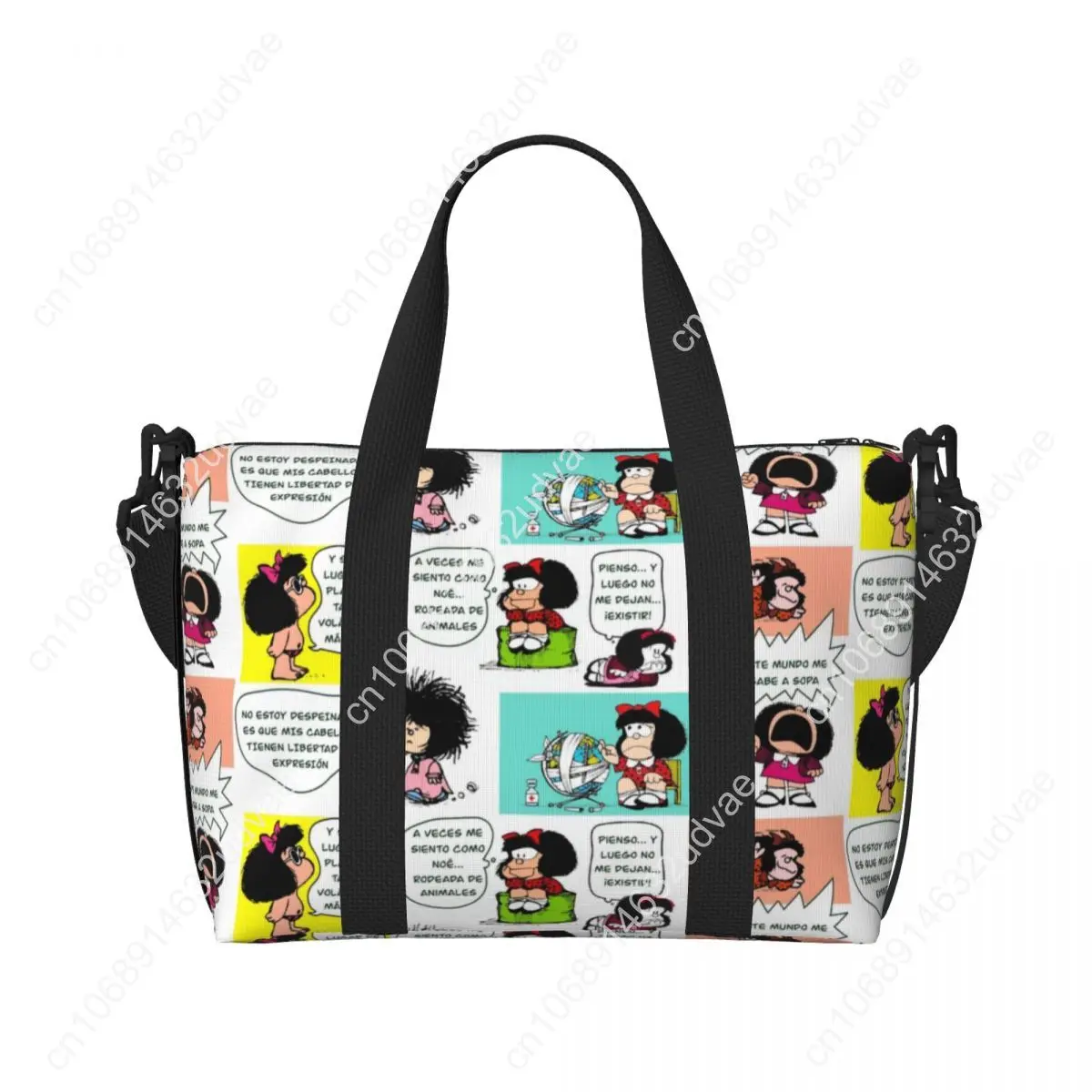 Custom Manga Quino Mafalda Beach Tote Bag Women Extra Large Gym Carry On Kawaii Cartoon Travel Shopping Bags