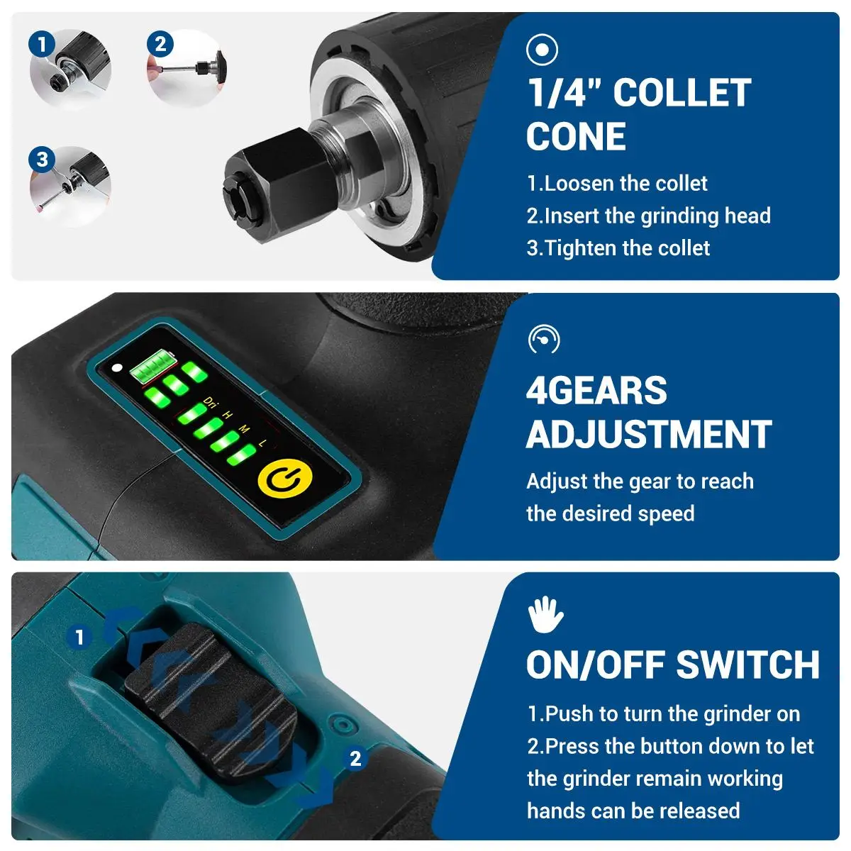 Drillpro 1/4inch Collet Brushless Die Grinder 6mm Electric Cordless 4 Gear Variable Speed Grinding Power Tool For Makita Battery